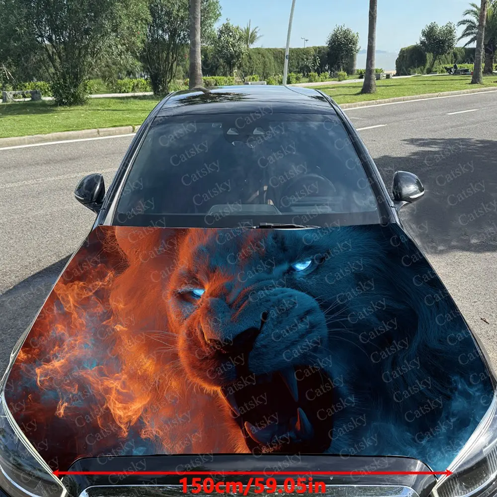 Blue-Red Lion with Striking Flame Car Hood Stickers - Self-Adhesive, Waterproof and Durable Vinyl Wrap, Decorate And Protect You