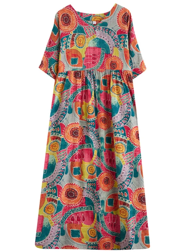 Vestido largo de lino y algodón para mujer, traje holgado informal con estampado y cuello en V, plisado, con volantes, para verano