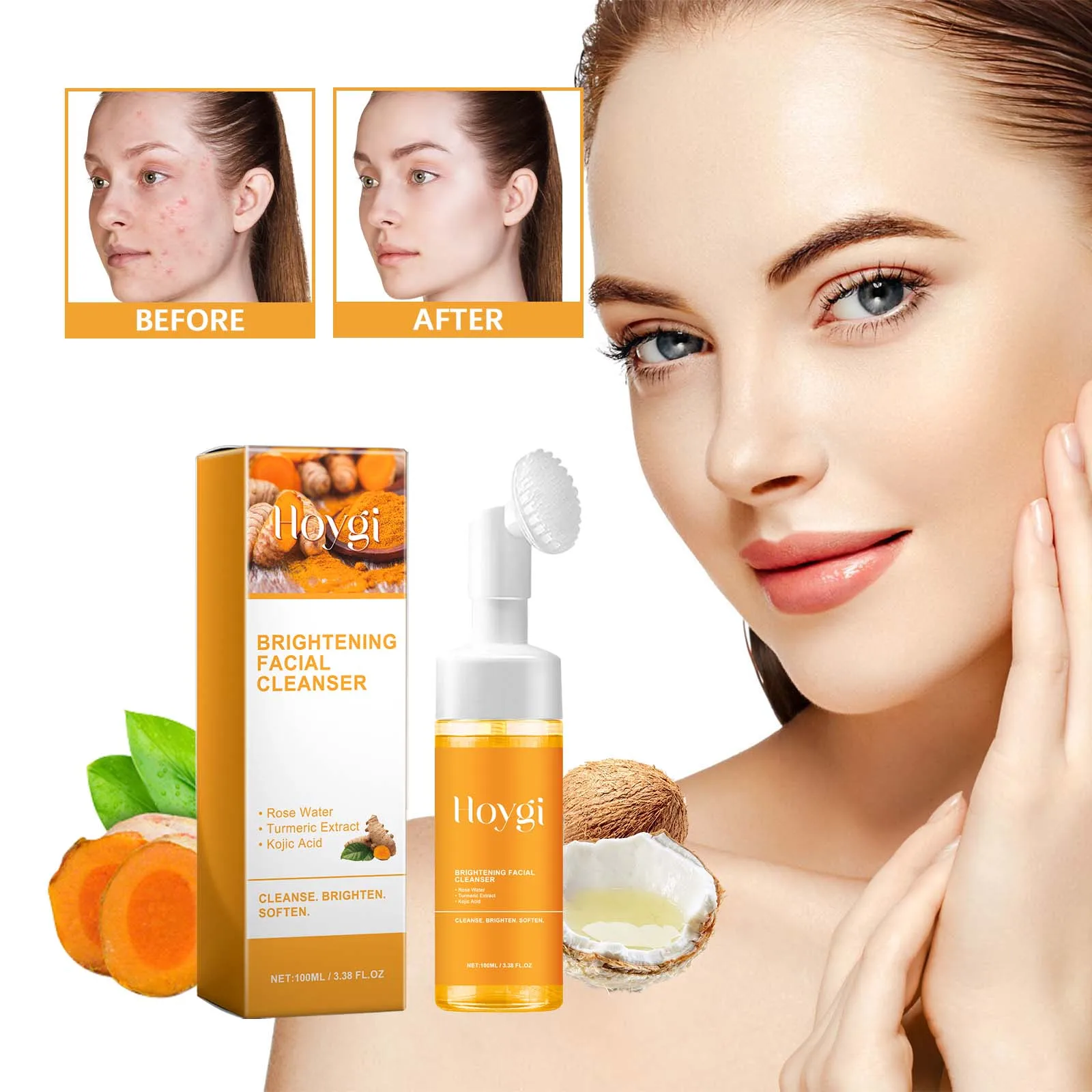 Limpiador de cúrcuma para lavado de cara, exfoliante con ácido kójico, limpia profundamente la piel, mantiene el agua, aceite, equilibrio, elimina el Control del aceite de la suciedad
