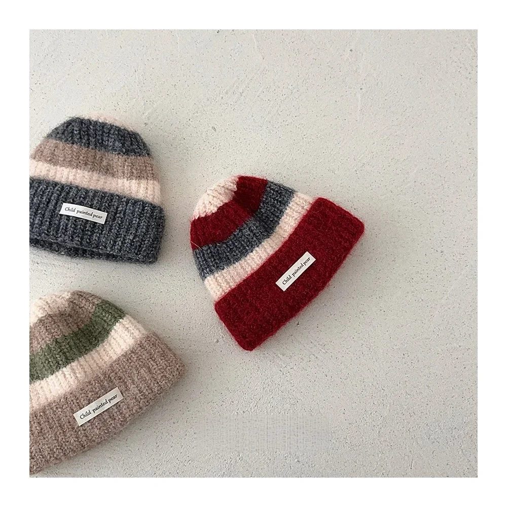 Contrasting Striped Children Knitted Hat Autumn And Winter Warm Thickened Woolen Cap Boys Girls Preppy Style Ear Protection Hat
