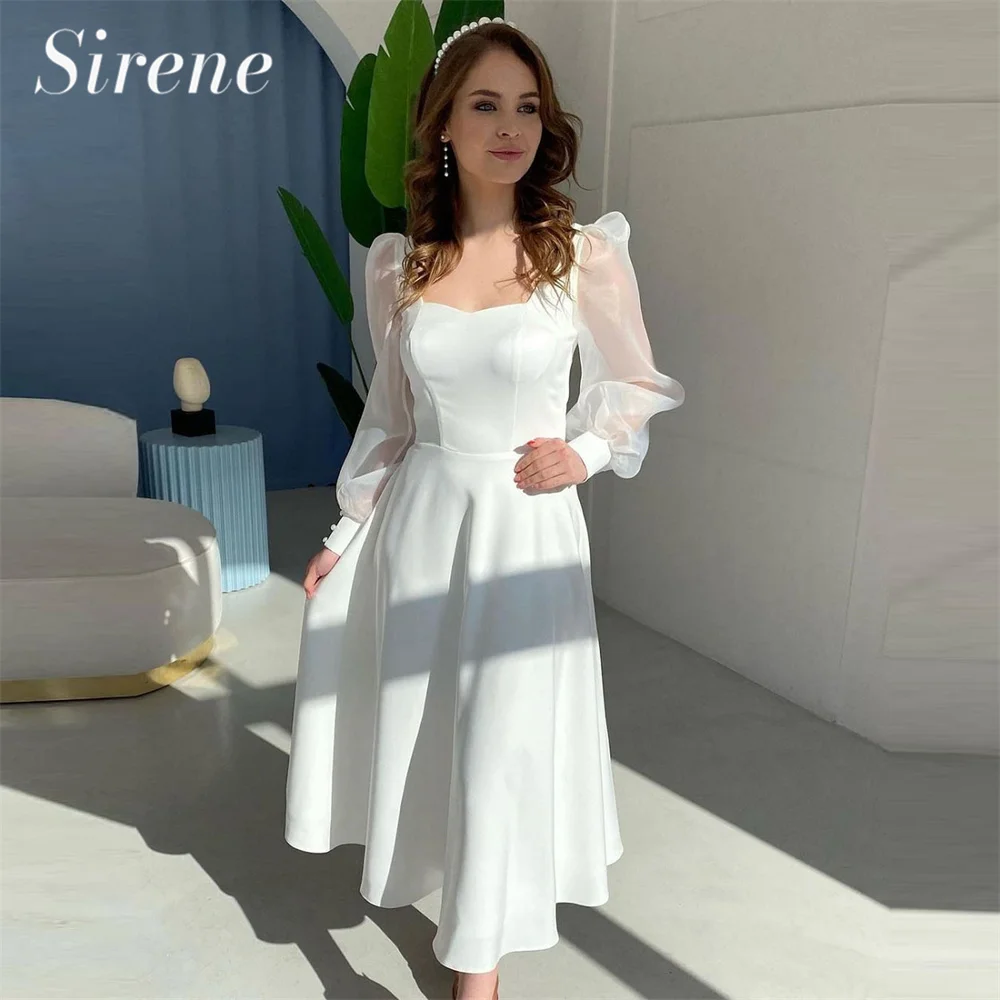 Sirene Soft Satin Short Wedding Dress For Women Boat Neck A-Line Long Puff Sleeves Bridal Gown Ivory Robe De Mariée Ankle Length