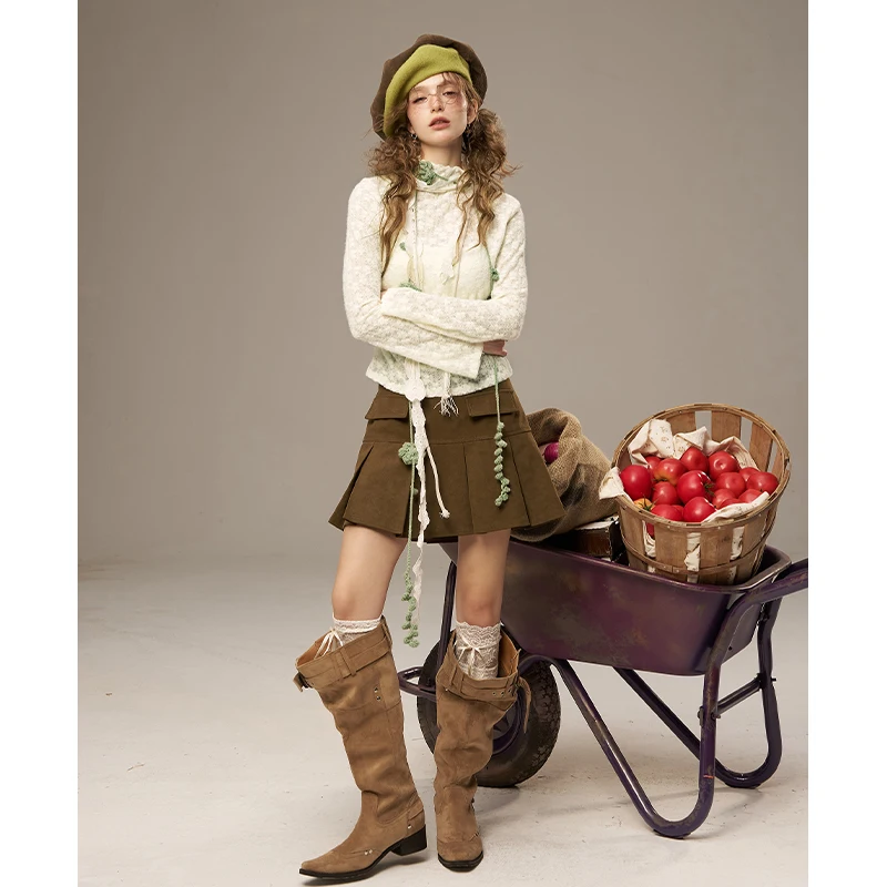 ELFSACK Women Mori Girl Long Sleeve Knit Top with Lace Ruffle Trim, Vintage High Neck Blouse