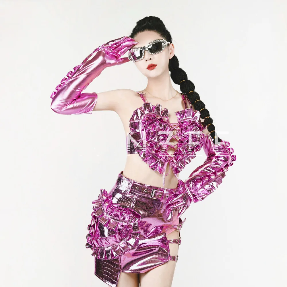 مثير ملهى ليلي سحب الملكة زي الوردي الليزر الجوف خارج تانك القمم تنورة صغيرة قفازات الزي الرقص مجموعة أداء المرحلة ارتداء