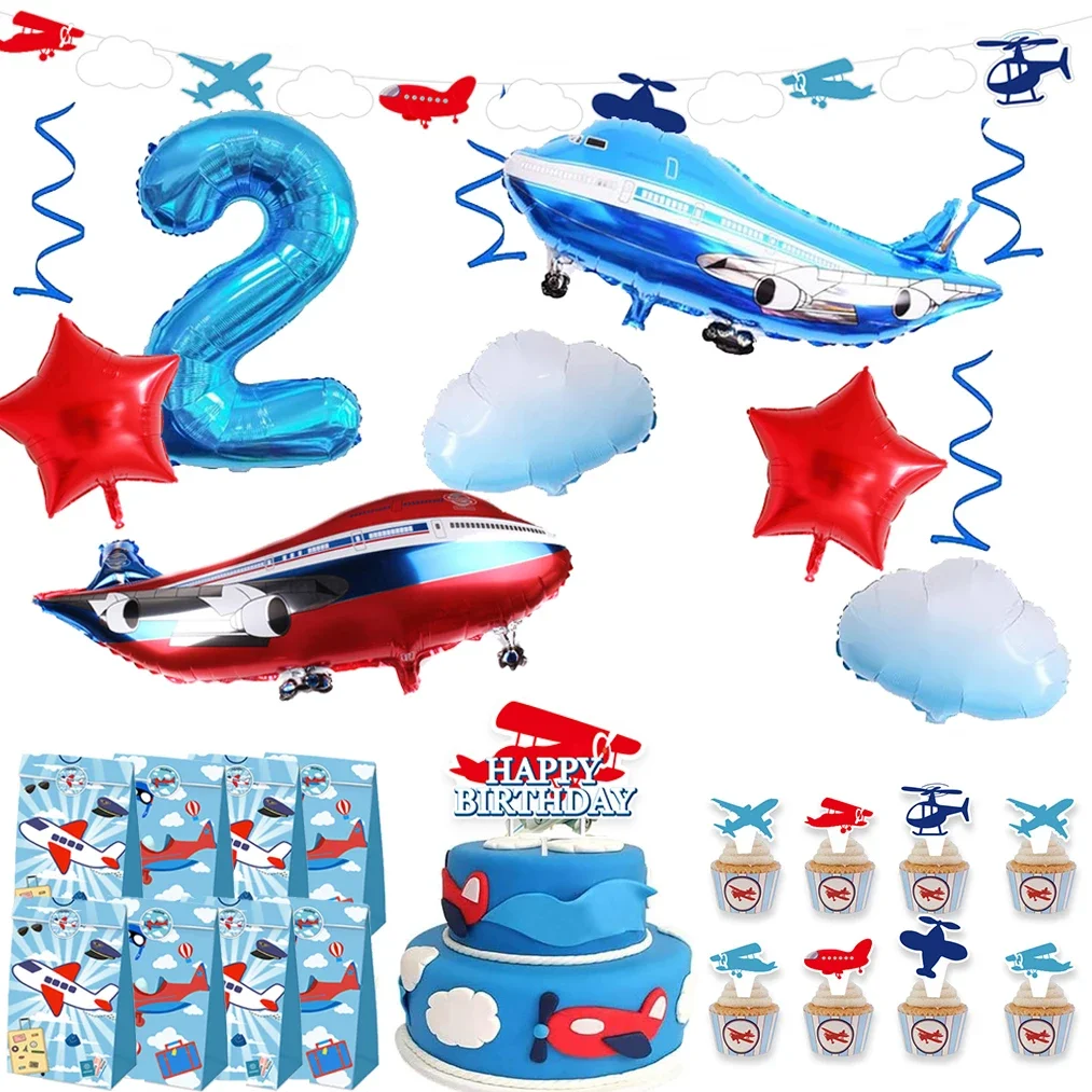 Airplane Party Decor Tableware Plates Banner Cup Foil Plane Balloon Kids Aviator Flight Birthday Favor Boys Baby Shower Supplies