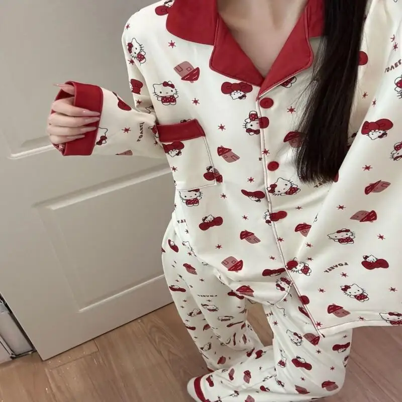 

Женский пижамный комплект Sanrio Hello Kitty, одежда для сна, длинные брюки, кардиган, термофлис, осень-зима, милый корейский стиль, теплый и уютный.