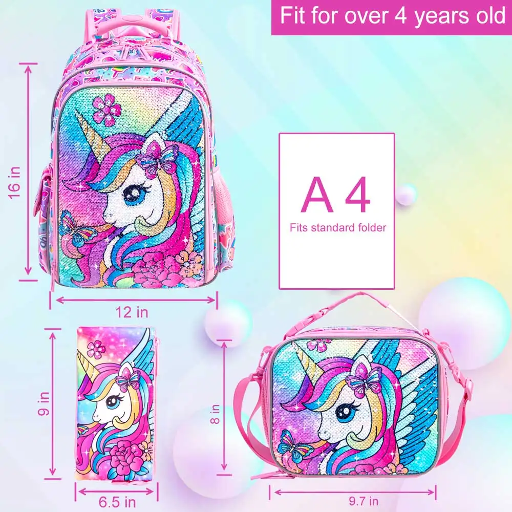 3PCS Unicorn Backpack for Girls, 16\