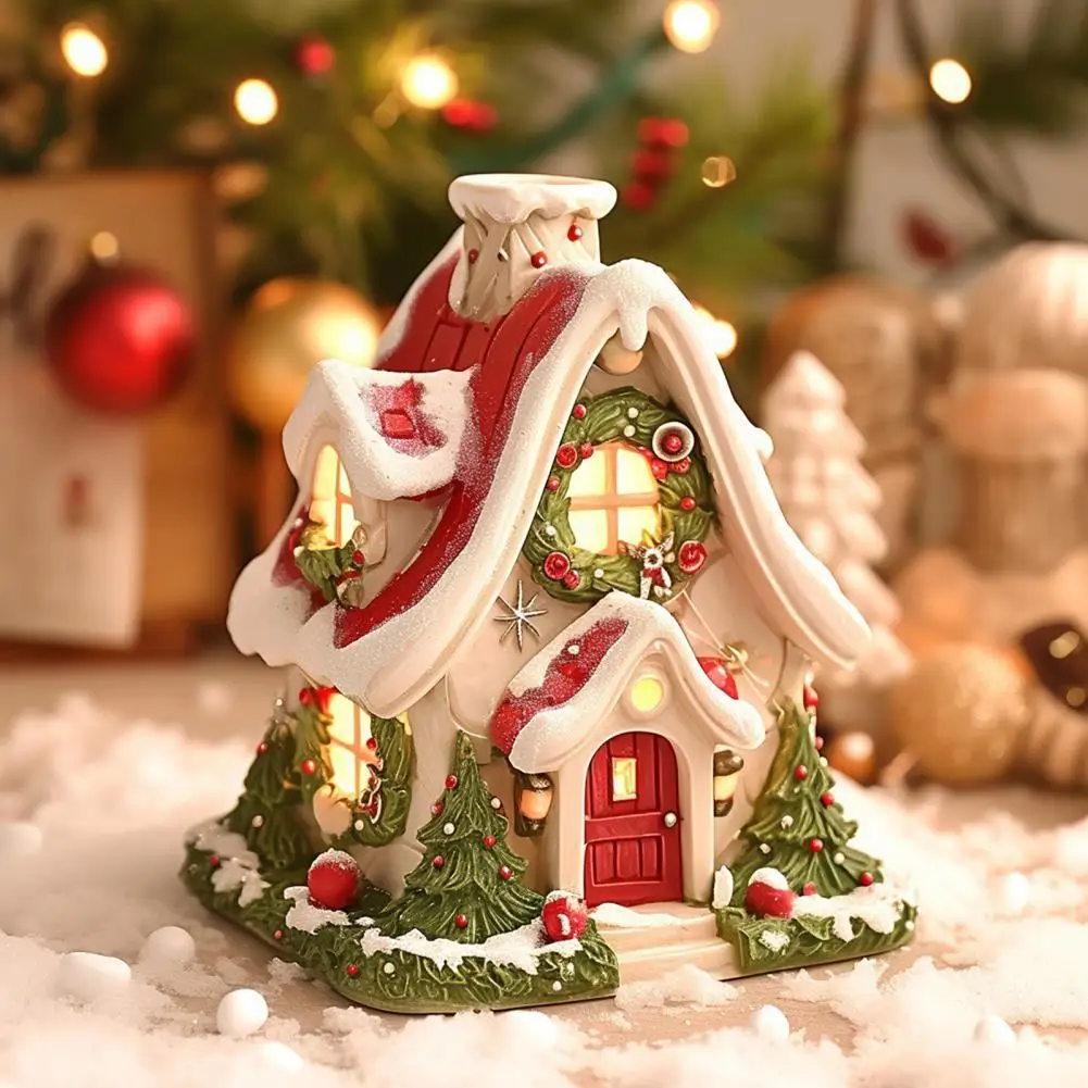 Resin Incense Holder Illuminated Incense Burner Winter Cabin Resin Incense Burner with Light Snow Roof Xmas Tree Desktop