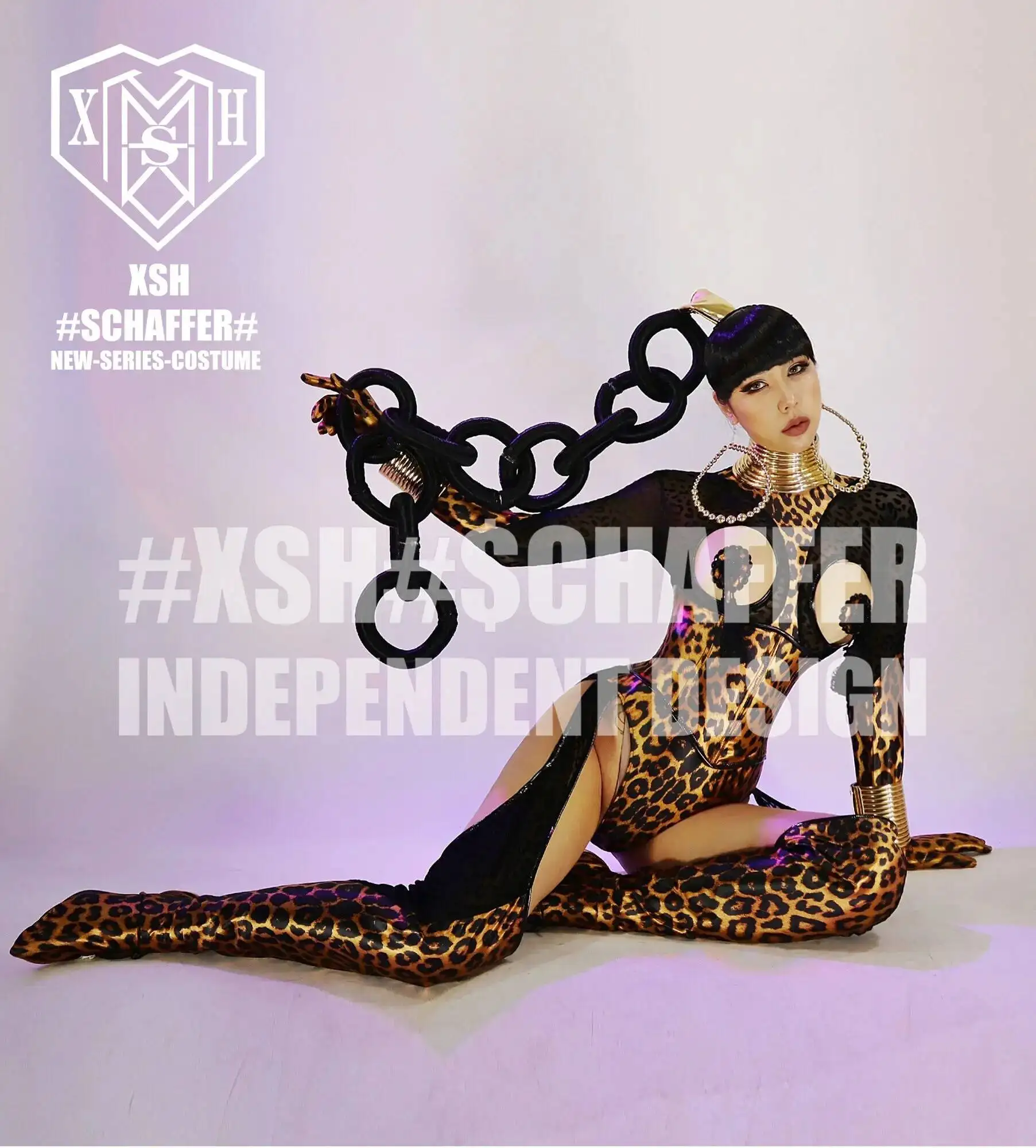 

Set Wisdom XSH Nightclub Heart Bar GOGO Women's Leopard Pattern Sexy Bundle DS Girl Perspective Performance Dress Halloween