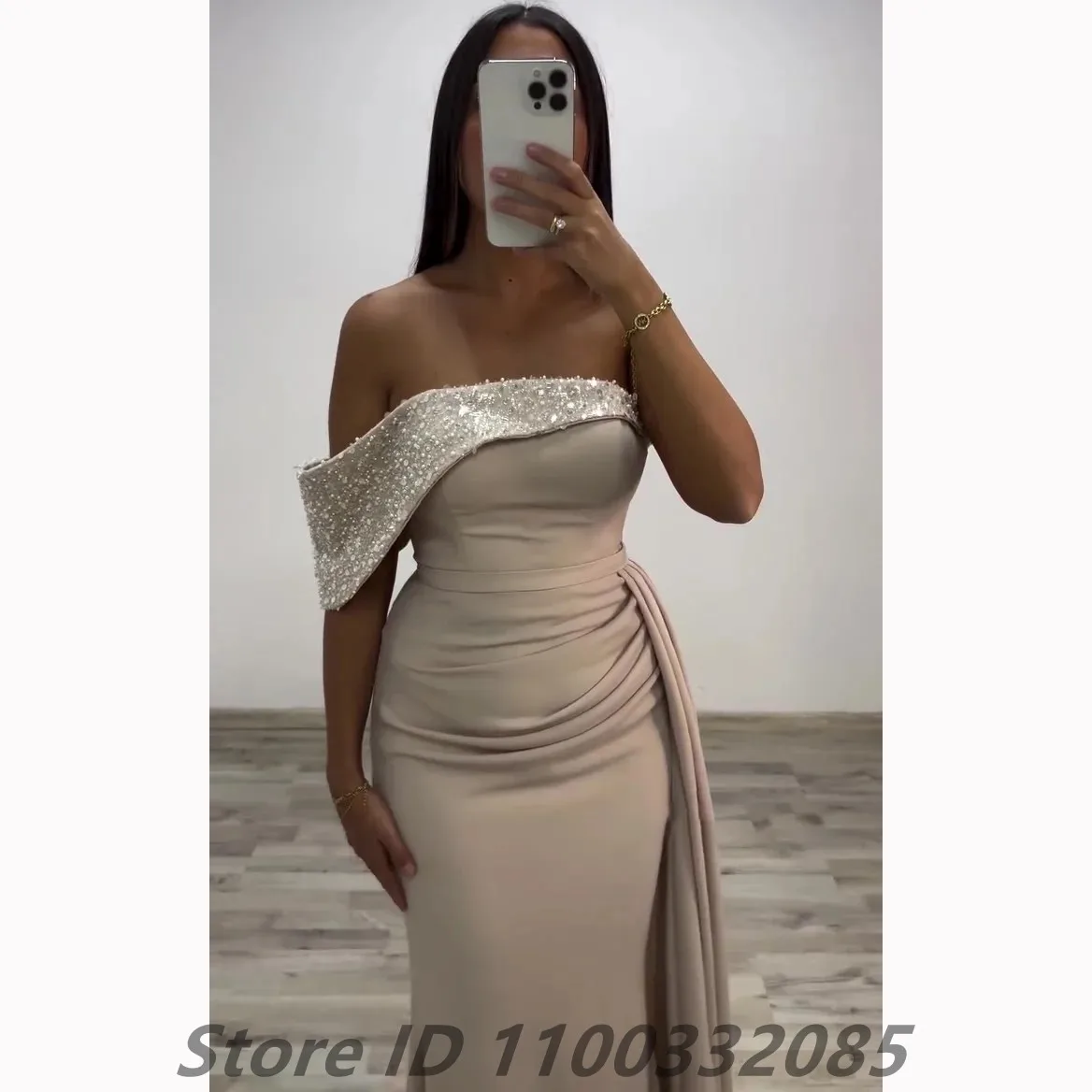 Eightale Champagne Mermaid Evening Dress Sequin One Shoulder Women Party Prom Dresses Dubai 2025 Customized image 3