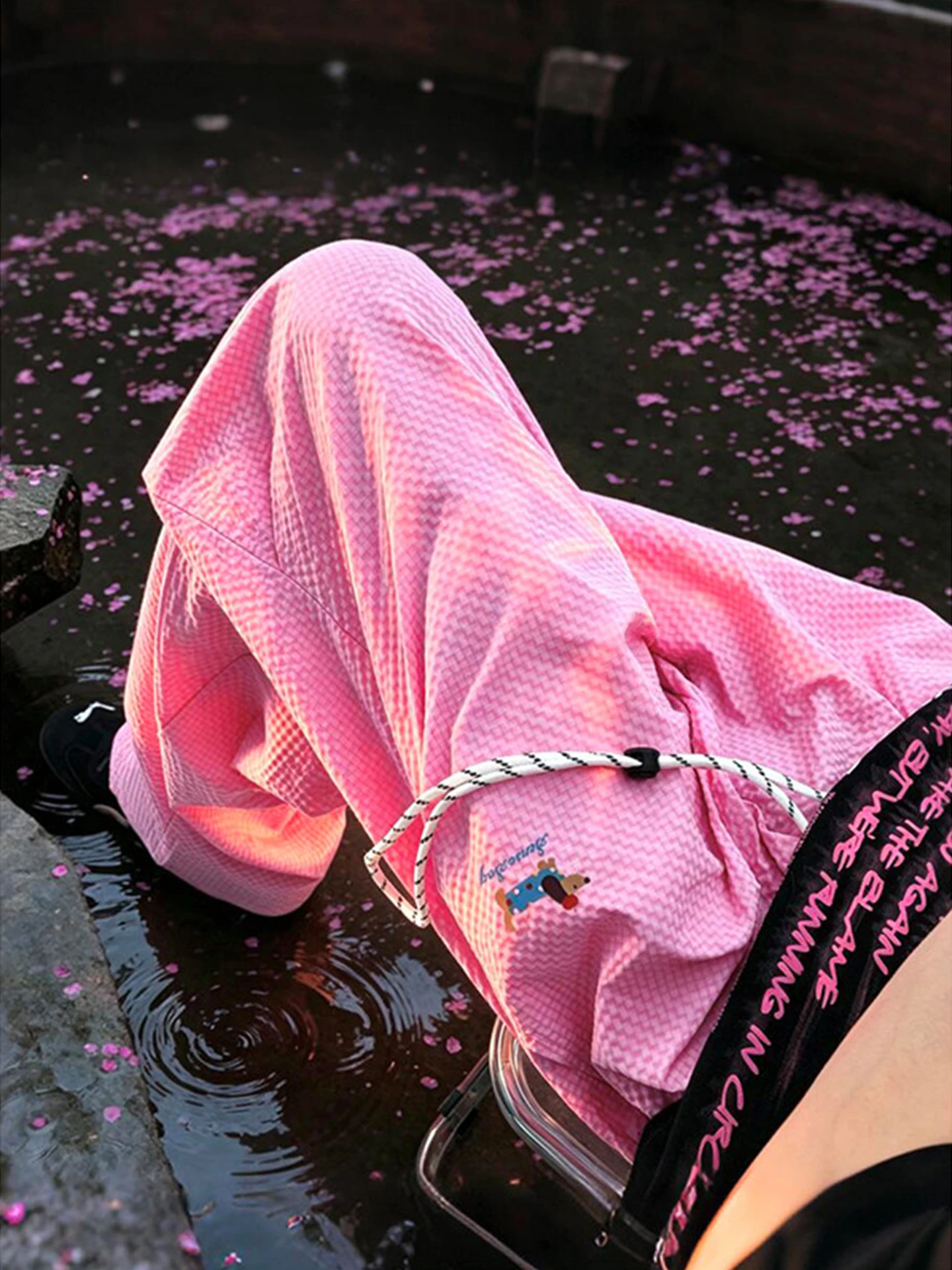 Pink Sausage Dog Embroidery Bubble Shirt Quick Dry Summer Lightweight Breathable Ice Silk Paratrooper Straight Leg Wide Leg P...