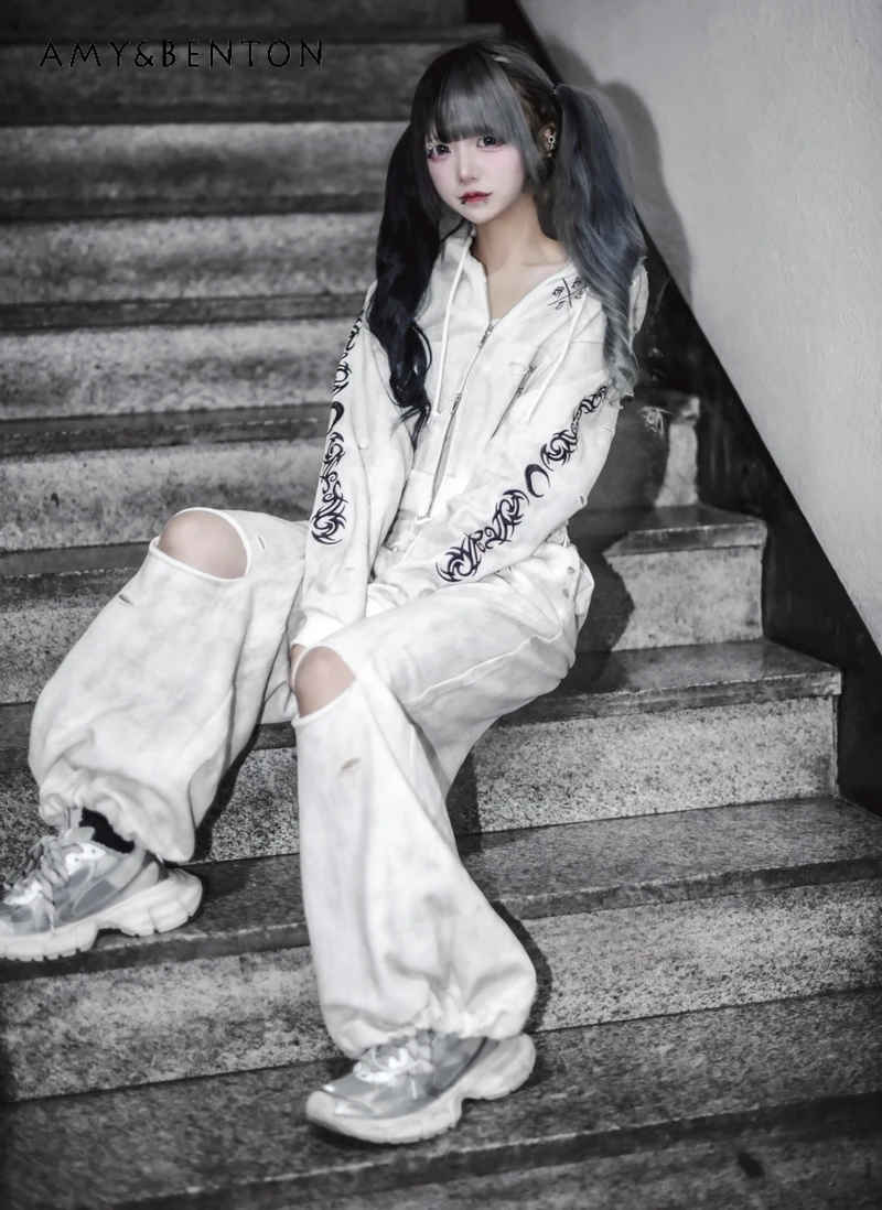 

Japanese Style Harajuku Subculture Rivet Embroidery Hooded Short Jacket Loose Ripped Long Pants Sports Casual Gothic Outfits