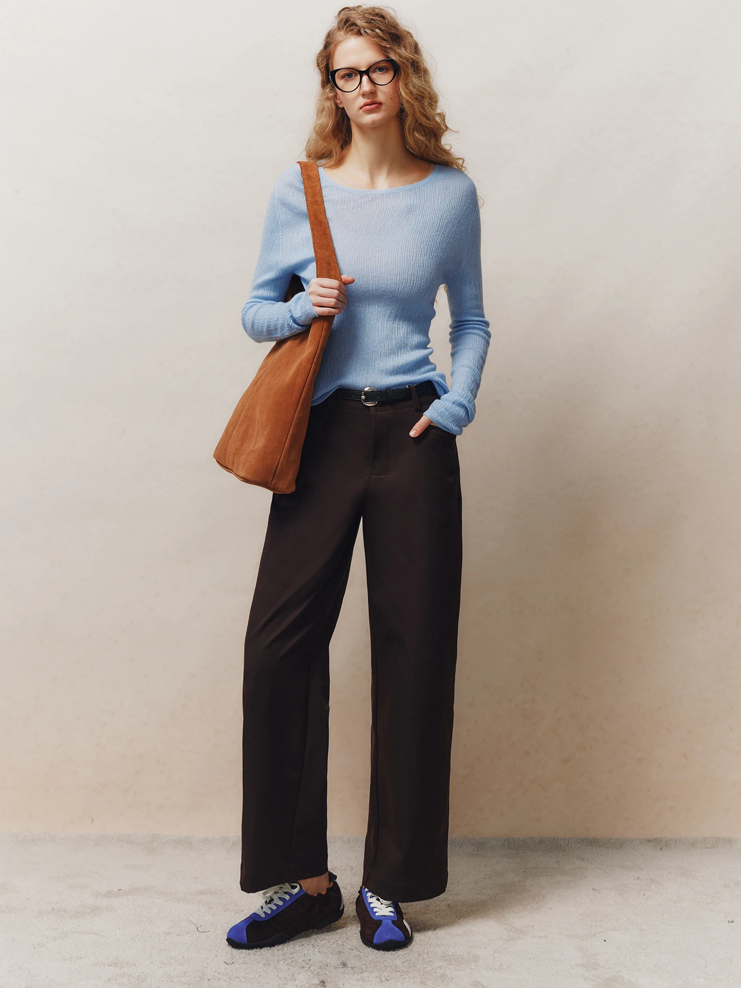 Anti-Wrinkle Easy-To-Care Micro-Elastic Wide Leg Pants Mid-High Waist Straight Cut Casual Long Trousers for Women