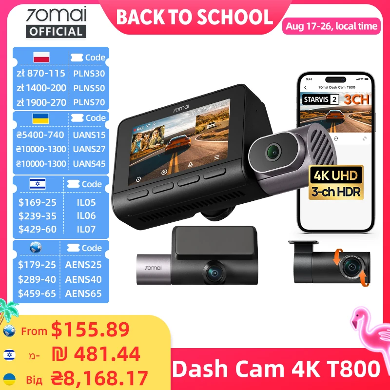 70mai 4K T800 3-Channel Dash Cam, Front Rear Interior Triple HDR, Supercapacitor Built-in GPS&ADAS, 24H Parking Guardian 4G LTE