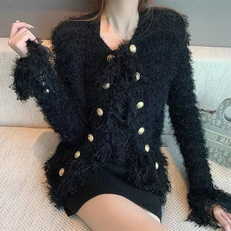 Autumn Winter Furry Tassel Socialite Elegant Cropped Sweater Metal Buckle Outer Wear Knitted Cardigan Short Coat for Women