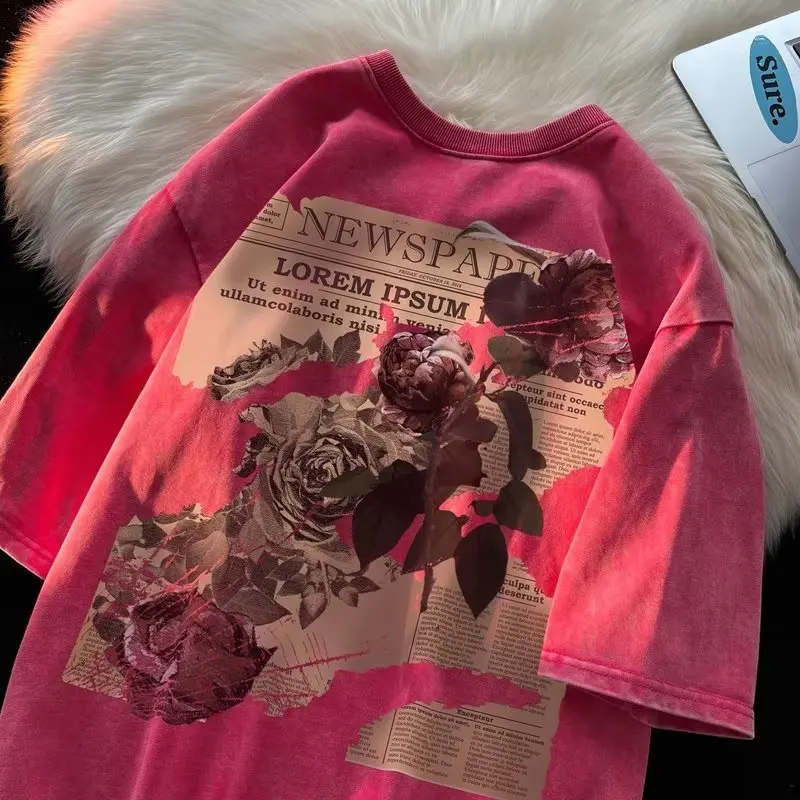 

Women's Floral Letter Print T-shirt, Casual Tops, Summer Tee, High Street, 2024