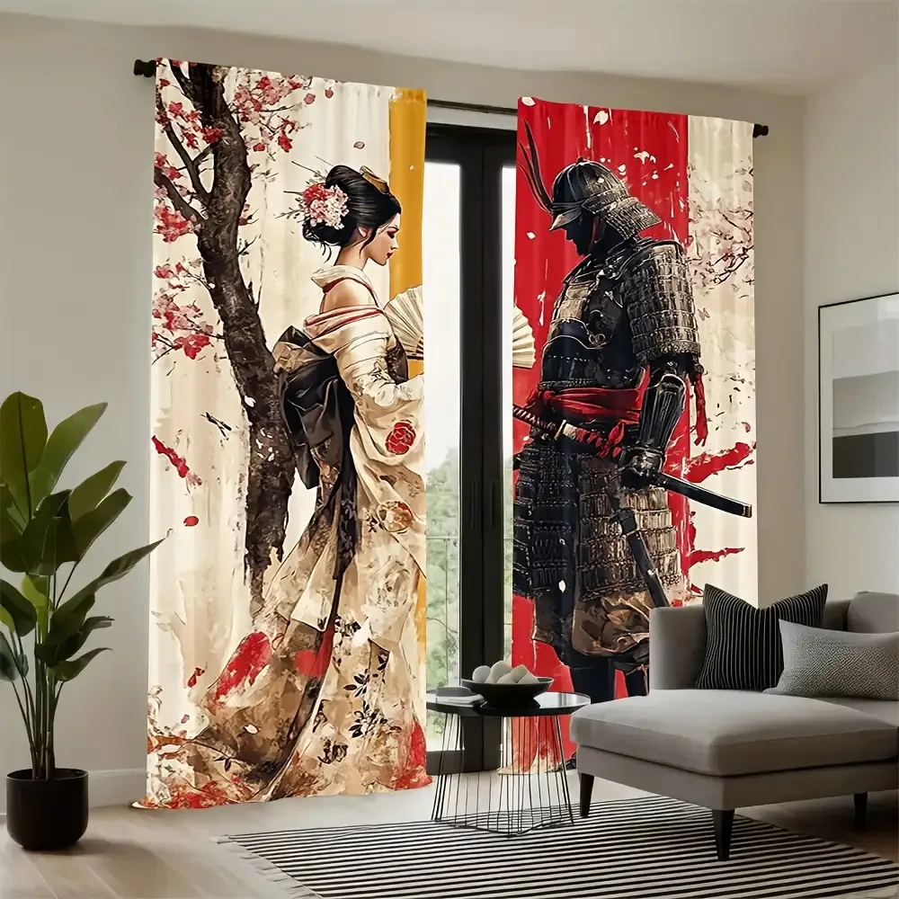 Samurai Geisha Curtains Japanese Art Drape with Cherry Blossom Print for Living Room Bedroom Window Treatment Home Decor