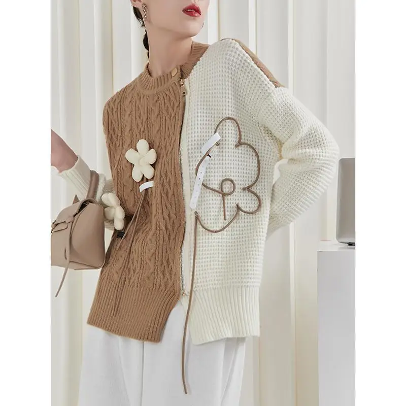 

Ultra-heavy design zippered knitted sweater women outerwear splicing two-color three-dimensional cardigan Korean loose sweater