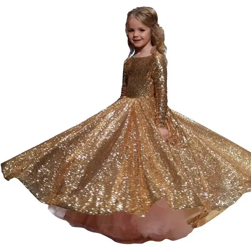 Girl Dress Princess Birthday Party Pageant prom 2-12yrs Teenage Girls Wedding Gold sequins Flower  Long Girl Dresses vestidos