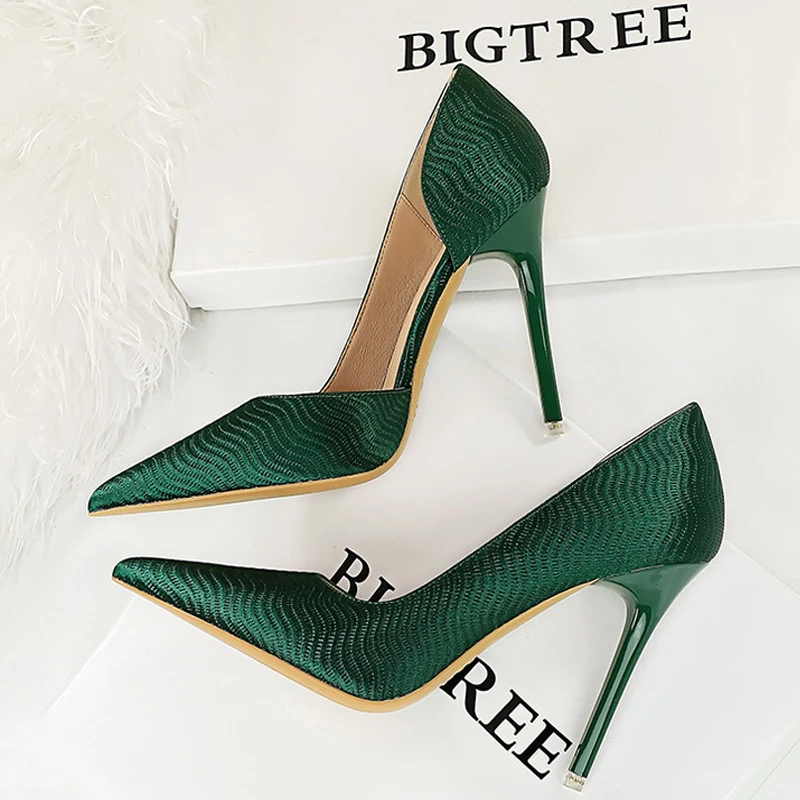 BIGTREE Shoes Wave Patterned Satin Women Pumps 2024 Spring New High Heels Stilettos Pointed Side Hollow Ladies Heels Stilettos