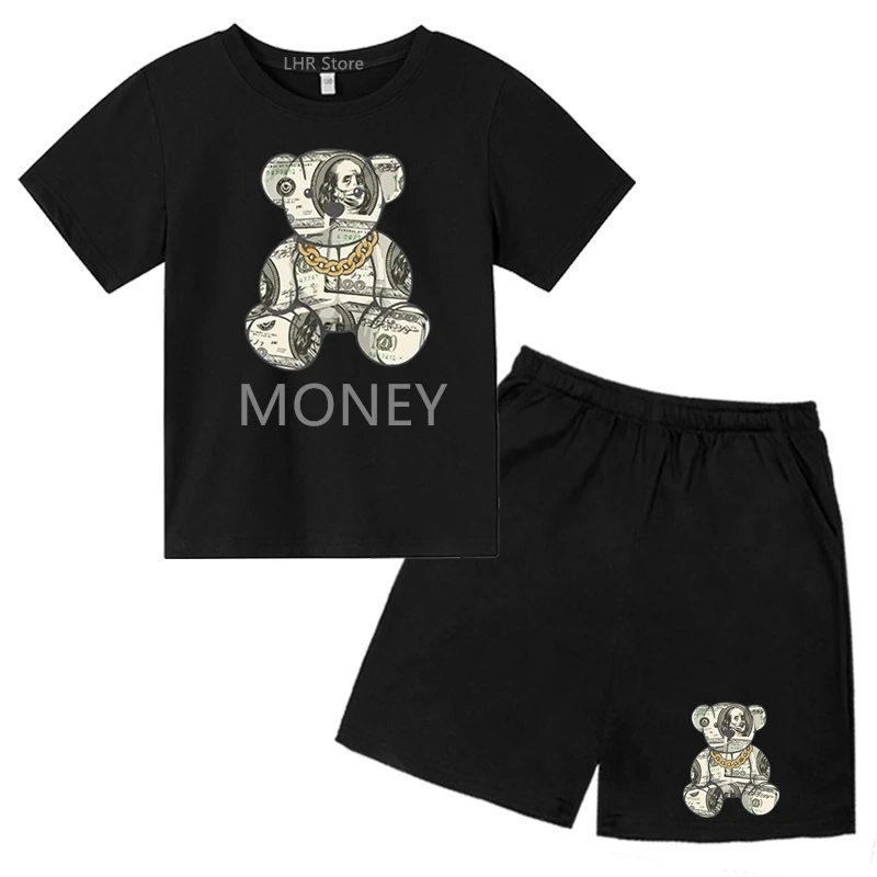 

Money Bear summer Short sleeve Suitable for Boys Girls age 3-12 children T-shirt leisure tops +Shorts set Round Neck Cartoon