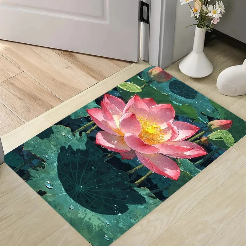 Oil Painting Pink Lotus Water Lily Print Doormat Anti Slip Soft Entrance Floor Mat Oriental Zen Decor Front Door Door Rug