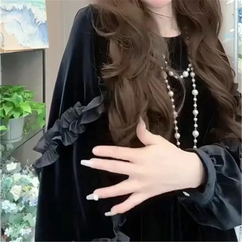 女性のための黒いフラウンスドレス,背中にリボンが付いたイブニングドレス,大きなスイング,ゆったりとした婦人服,新しいファッションデザイン