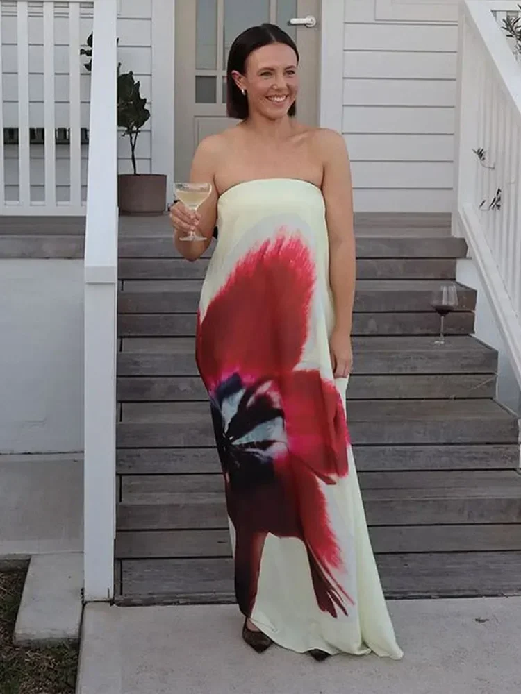 فستان ماكسي جديد موديل 2025 بدون حمالات مطبوع عليه زهور فستان نسائي مثير بدون أكتاف بدون أكمام مكشوف الظهر فساتين حفلات للسيدات على الموضة