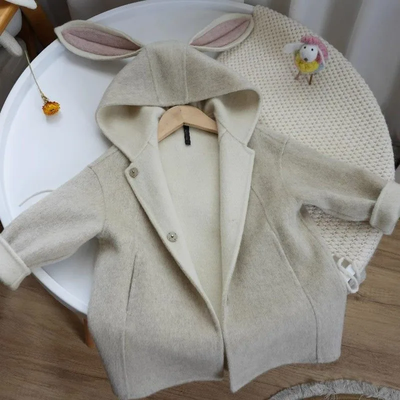 Baby Hooded Rabbit Wool Coat Keep Warm Windbreaker Coat Long Sleeve Woolen Outerwear