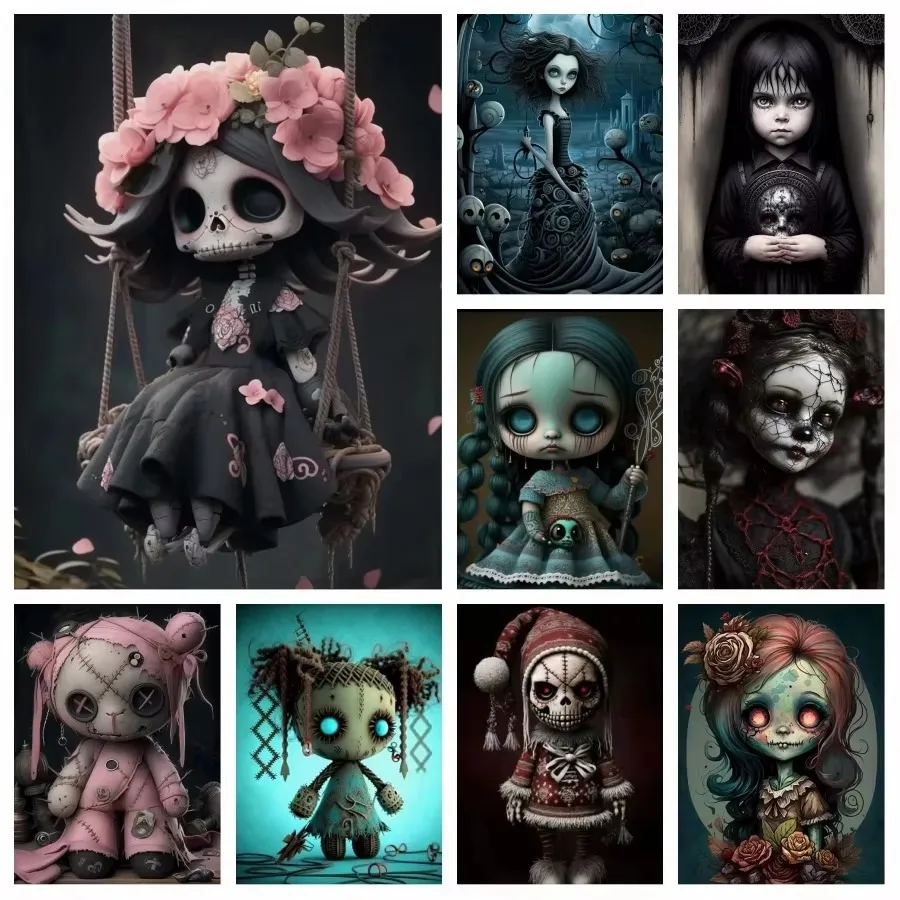 Ölgemälde-Set zum Ausmalen nach Zahlen, dunkle Gothic-Automat-Puppe, Skelett, Cartoon-Figur, Leinwand-Wandbild für Erwachsene, DIY-Heimdekoration, Geschenk