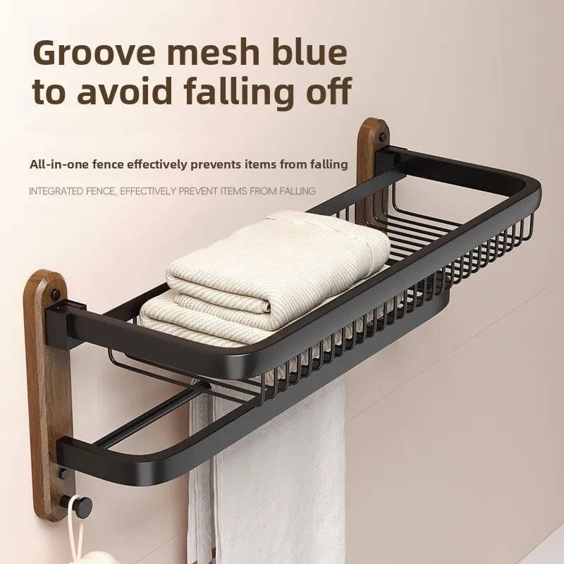 

40-60CM Carbon Steel & Walnut Wood Wall Mounted Towel Rack - Foldable Bathroom Shelf with Hooks, Matte Black Finish