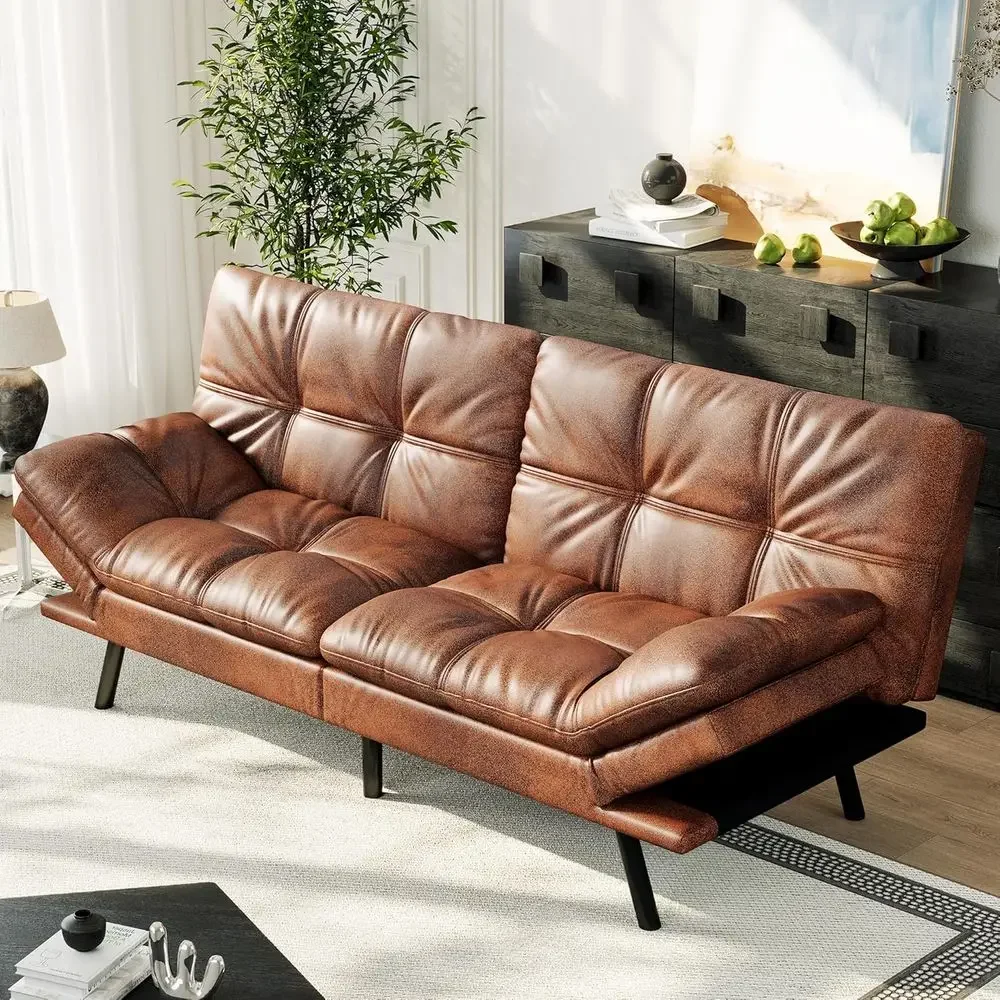 Convertible Sofa Bed, Brown Leather Couch, Memory Foam Reclining Sleeper Sofa, Small Loveseat Couches for Living Room