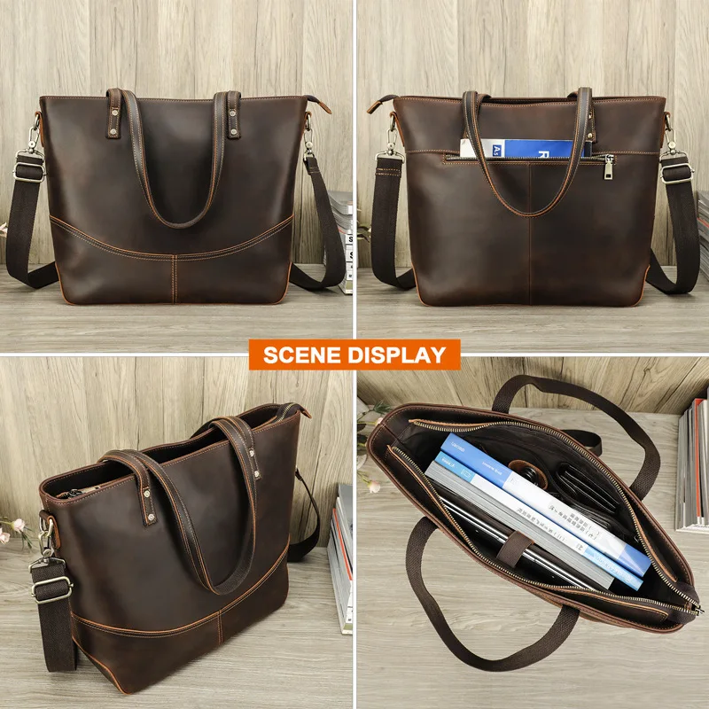 Fashion Suitable 14.2-inch Laptop Computer Large Capacity Cowhide Handheld One Shoulder Crossbody Bag Briefcase Leather Men Bags