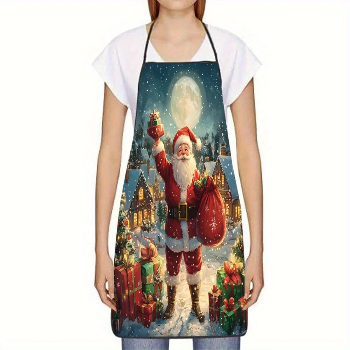 1pc Super Festive Christmas Apron! Santa Claus Snow Village Design with Moon Surrounding House, Perfect for Baking