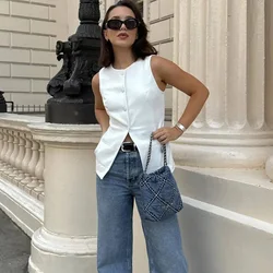 TRAF Sleeveless Woman White Vest Office Wear Long Vest Woman Summer Round Neck Women's Suit Vest Button Casual New In Outerwear