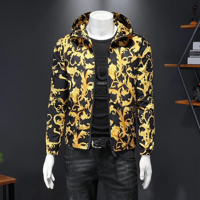 

Men's Korean Hoodie Jacket Luxury Gold Print Bomber Jacket Men Nice Royal Men Casual Coats Windbreaker Clothes Streetwear Social