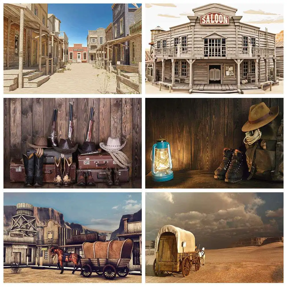 

MOON.QG Western Cowboy Wilderness Town Retro Backdrop Boy Birthday Photography Party Decoration Photo Studio Backgrounds Poster