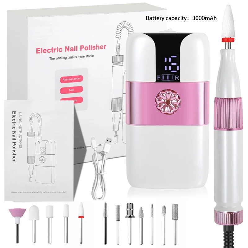 Upgraded Portable Electric Nail Polisher 15000 RPM Nails Grinding Polishing Machine USB Charge Manicure Drill 12 Sanding Heads