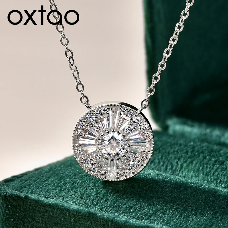 

Ожерелье OXTAO с диском из муассанита 5 мм, подарок на годовщину, позолоченное 14-каратным золотом, круглый кулон, трапециевидный циркон