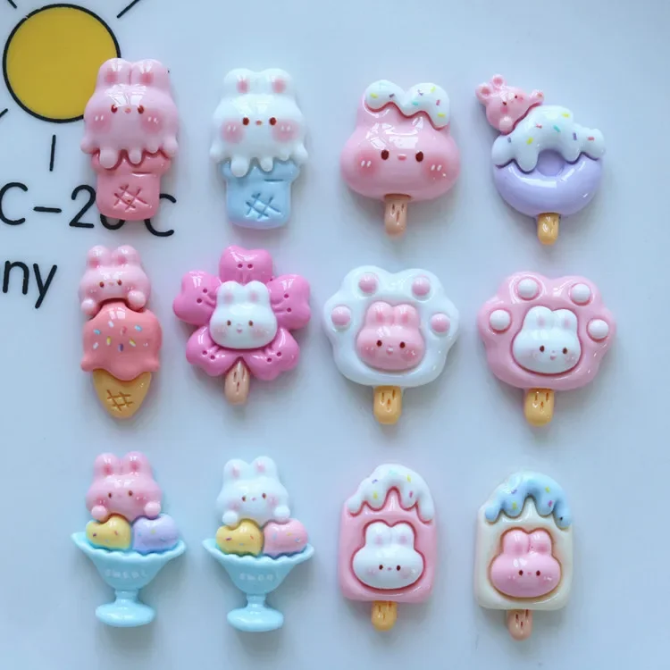 5pcs miniso series cute rabbit ice cream cartoon resin flatback cabochons diy crafts materials jewelry making charms