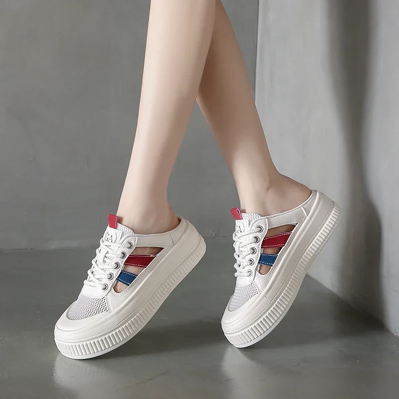 Women's Hollow Out Sneakers Slip On Mesh Mules Backless Low Top Walking Platform Shoes for Summer White Casual Clipper