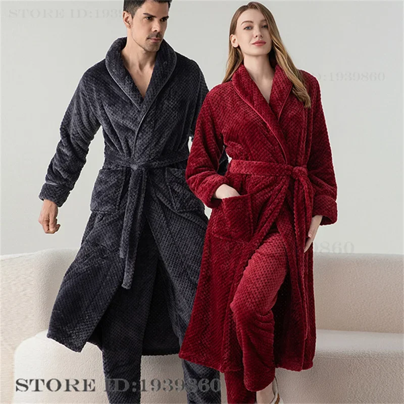 Autumn Winter Coral Fleece Female Sleepwear Thicken Flannel Couple Long Robe Pajamas Set Loungewear Casual Bathrobe Homewear