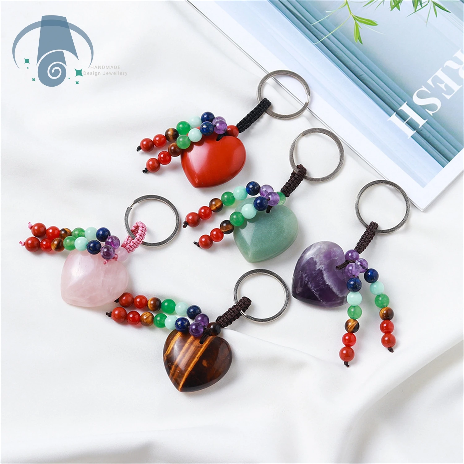 Healing Crystal Heart Pendant Keychain with 7 Chakra Beaded Tassels, Colorful Love Stone Key Chain for Unisex