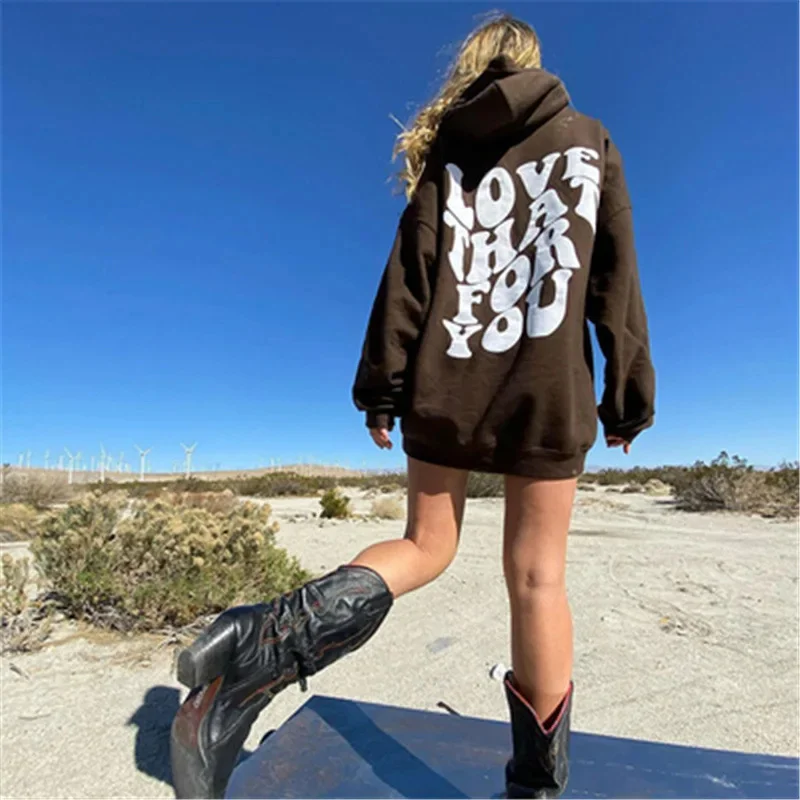 2024 cross-border new autumn and winter women's clothing Y2K street retro printed letter loose pullover hoodie jacket