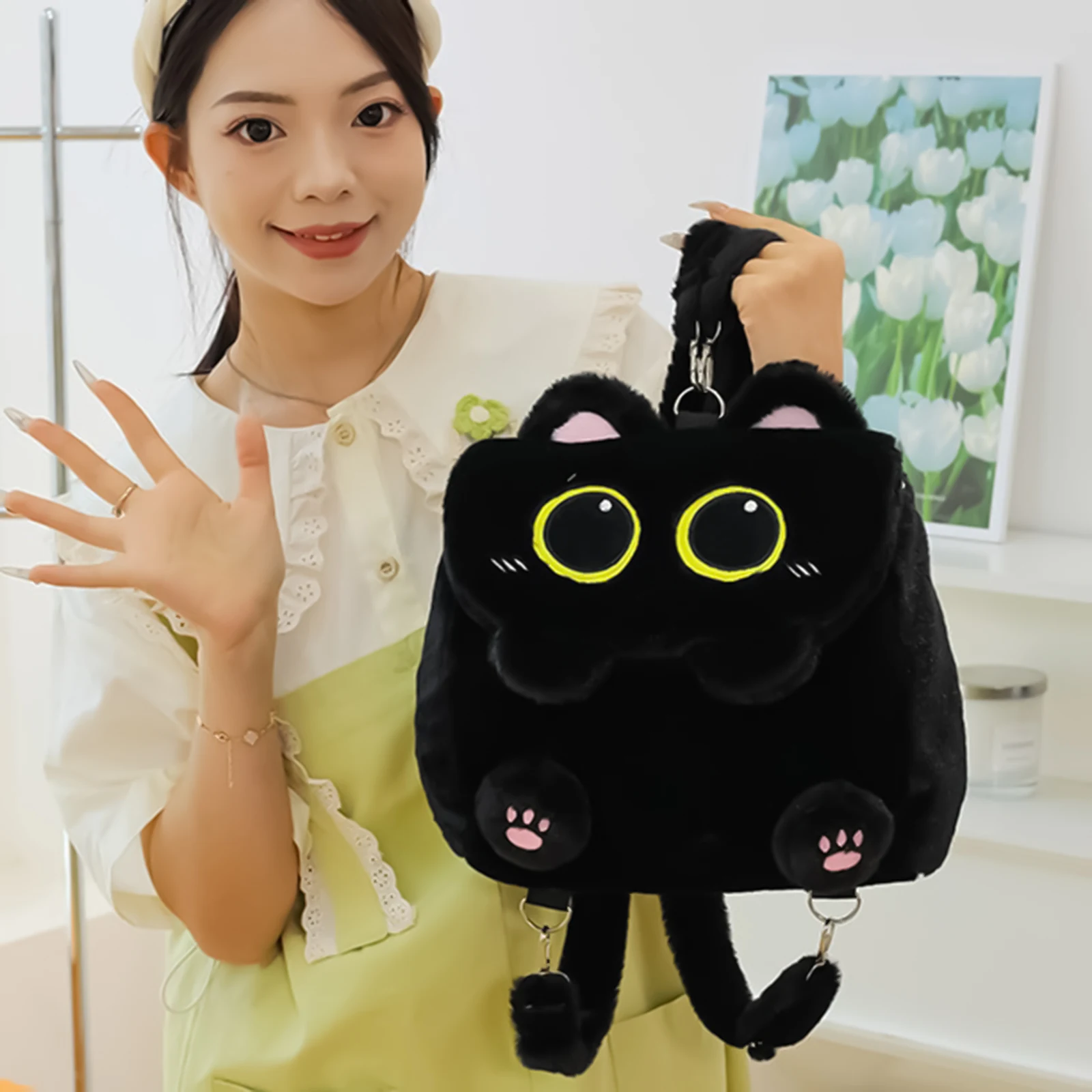 Mochila de Pelúcia Gato Preto para Meninas, Design de Gatinho Fofo, Grande Capacidade, Leve, para Estudantes, Viagens e Uso Diário