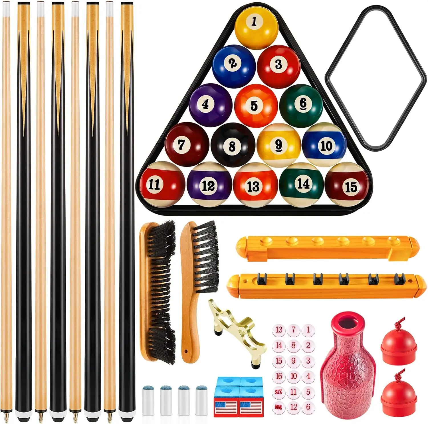 Pool Table Accessories Billiards Accessories Billiard Pool Balls with Triangle and Diamond Ball Holder Cue Chalks Pool Cu