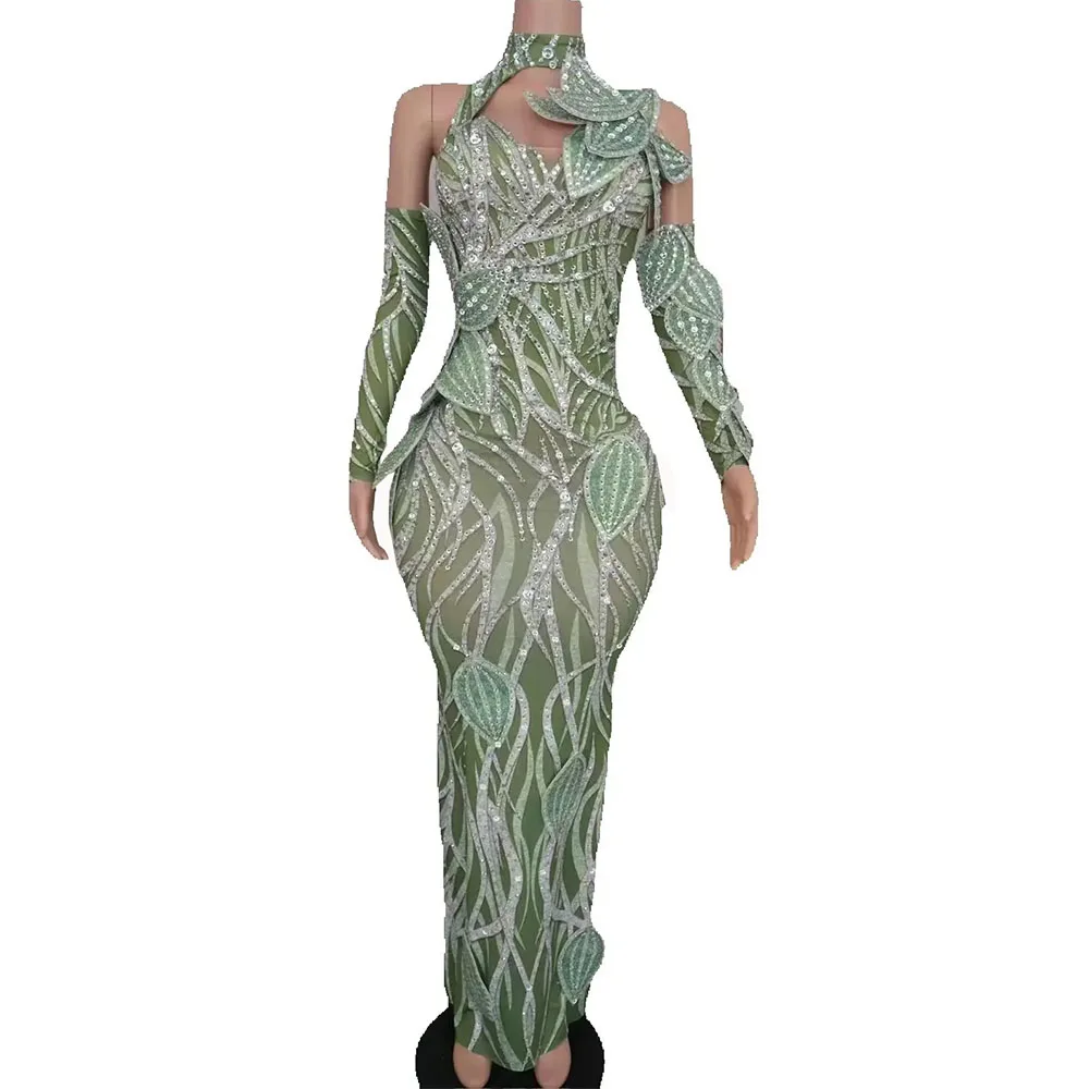 Sparkly Leaf Design Strass Langes Kleid mit Handschuhen Frauen Sexy Feiern Abend Prom Geburtstag Kleid Sänger Show Bühne Tragen