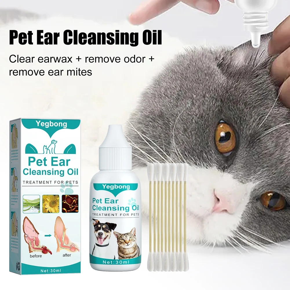 Obat penghilang tungau telinga anjing 30ml, minyak anti-kutu untuk perlengkapan pembersih hewan peliharaan