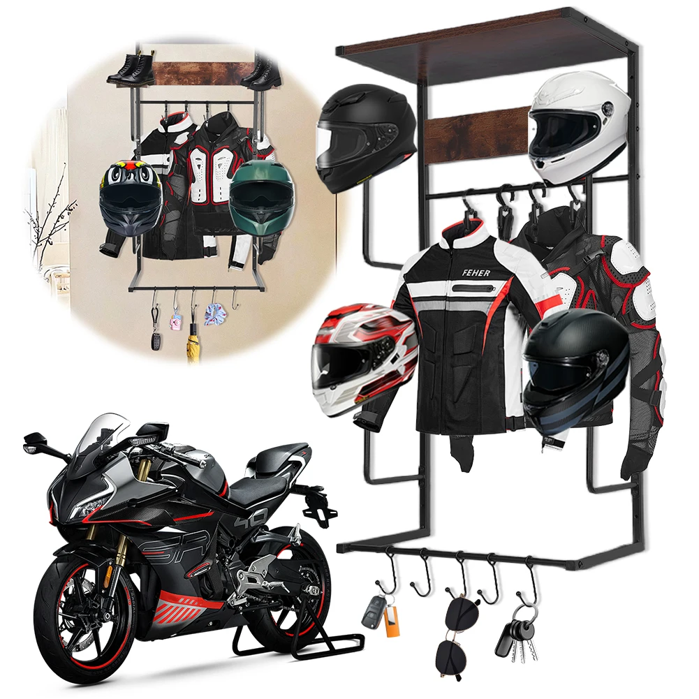 Motorcycle Helmet Holder 4 Clip and 4 Hooks Helmet Holder Wall Mount Motorcycle Helmet Rack for Storing Motorcycle Accessories