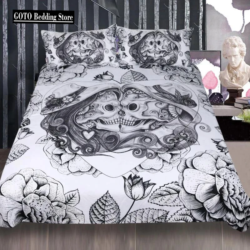 

Lovers Skulls Bedding Set Bed Linens Super Soft Duvet Cover Sets 3D Happy Halloween White Black Pattern Home Textile Set 3 Pcs