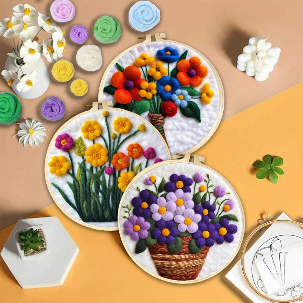 Wool Felt Painting Living Room Decoration Embroidery Flowers Patterns Felting Kits For Beginners Wall